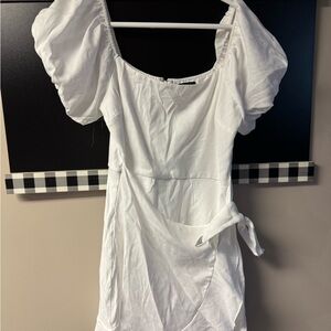White Puff Sleeve Wrap Dress
